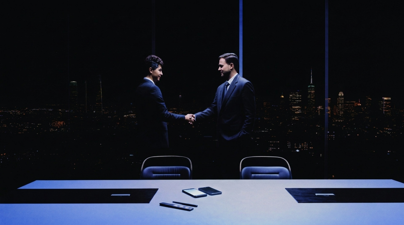Executivos fechando operação em sala de reunião com skyline noturno